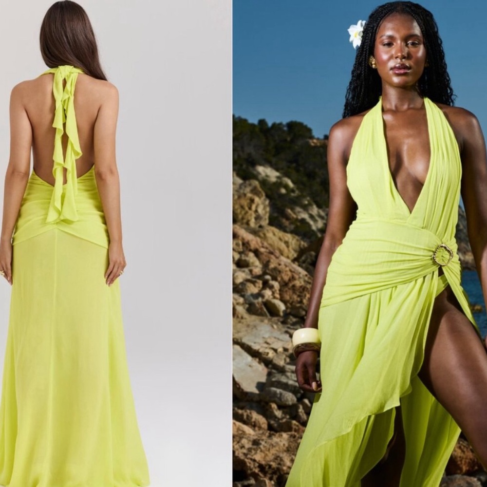 House of CB 'Olessia' Acid Lime Backless Halter Maxi Dress NWT